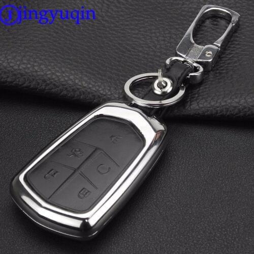 Jingyuqin New Remote 4/5 Buttons Car Key Cover Case For Cadillac CTS XTS ATS ATS-L XLS SRX Zinc Alloy+Leather keychain