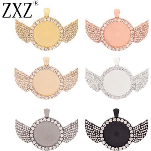 ZXZ 4pcs 25mm Round Rhinestone Angel Wings Pendant Tray Blank Bezel Cabochon Cameo Setting for Necklace Jewelry Making