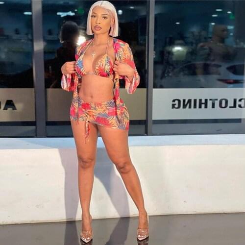 2021 European and American Womens Fashion Casual Printing Urban Popular Seaside Vacation Swimwear Four Piece Suit Sexy Swimsuit