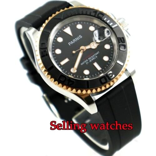41mm Parnis black dial Sapphire glass golden bezel case miyota automatic mens watch
