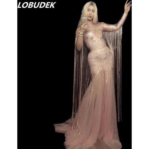 Pink Crystals Tassels Long Fishtail Dress Nightclub Bar Adult Female Singer Host Stage One Piece Party Catwalk Performance Dress