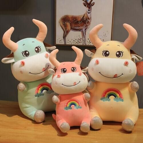 New Year Rainbow Bull Gift Golden Ox Horn Cattle Doll Rainbow Cute Cow Plush Soft Plushies Toy Children Christmas Present