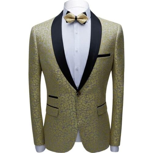 Casual Blazers Slim Men Fit Gold Jacquard Shawl Lapel Tuxedo Jacket Banquet Party Prom Stage Costume Singer Host Wedding Groom