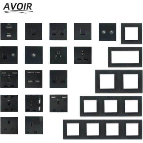 Avoir Usb Wall Socket Electrical Sockets DIY Outlets Aluminum Alloy Brushed Panel TV TEL RJ45 HDMI Plug Home Appliances