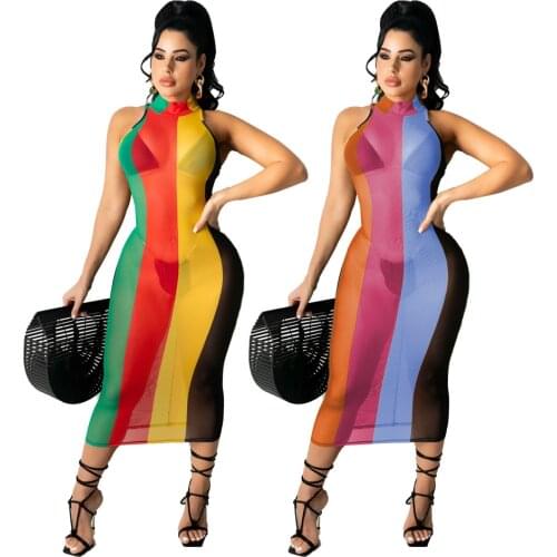 Sexy Sleeveless Striped Mesh Dress Women Perspective Turtleneck Sundress See Through Summer Long Tank Dresses for Summer 2021