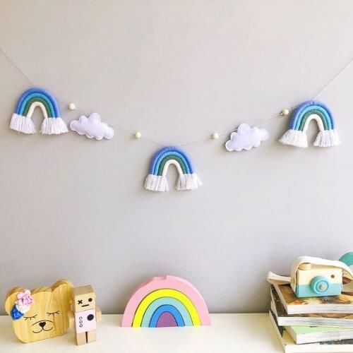 Nordic Wooden Beads Garland with Felt Cloud Knitting Wool Rainbow Tassel Pendant Hanging Ornament Photo Shooting Props