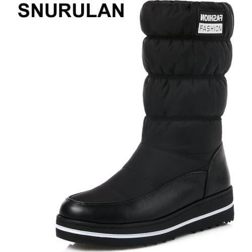 SNURULAN 2018 Women Boots Shoes Mid Calf Boots Wedge Med Heel Down+PU leather Snow Boots Autumn Ladies Motorcycle Shoes