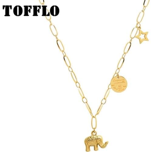 TOFFLO Stainless Steel Jewelry Elephant Pentagram Geometric English Round Brand Necklace Womens Fashion Clavicle Chain BSP890