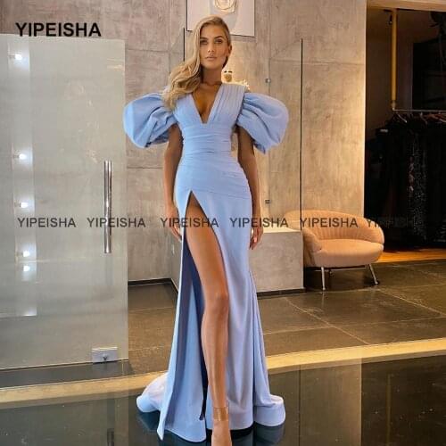 Yipeisha Sexy V-neck Mermaid Prom Dresses Puffy Sleeves High Split Evening Gown Long Party Dress 2021 Vestido de Festa