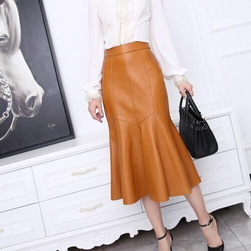 Spring Autumn Womens High Quality Sheepskin Real leather fishtail skirt Chic OL elegant Genuine Leather Skirts C620