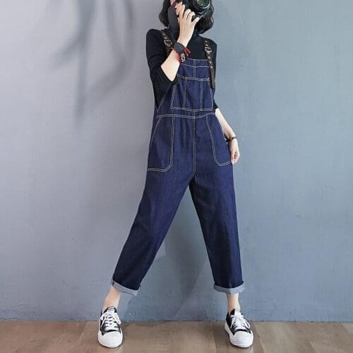 2021 Retro Fashion Streetwear Look Thin Denim Overalls Women New Loose Big Pocket Harem Jeans Casual Straight Jumpsuit Bib Pants