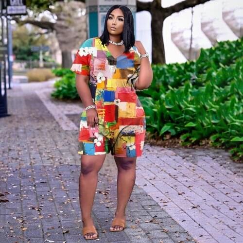 2021 High Quality New Design Playsuits Patchwork V-neck Short Sleeve Summer Loose Rompers