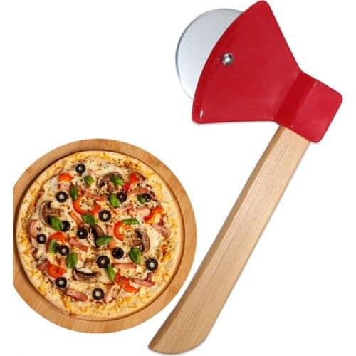 1Pc Axe Bamboo Handle Pizza Cutter Rotating Blade Household Kitchen Cutting Tool Baking Pizza Cutter Home Kitchen Cutting Tool