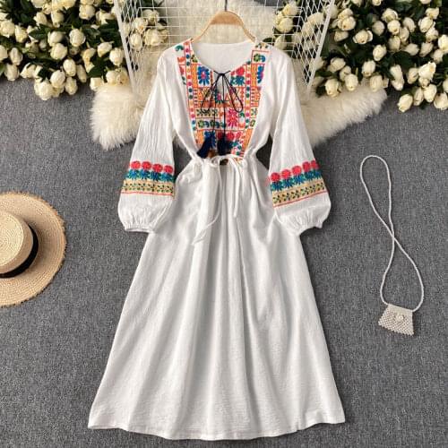 2021 summer new dress female retro ethnic heavy industry embroidery travel vacation skirt