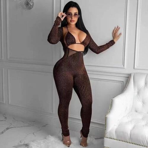 2021 Winter Autumn Long Sleeve Brown Sexy Bodycon Jumpsuit Women Romper One Piece Outfit V-Neck Long Jumpsuit Female Ladies
