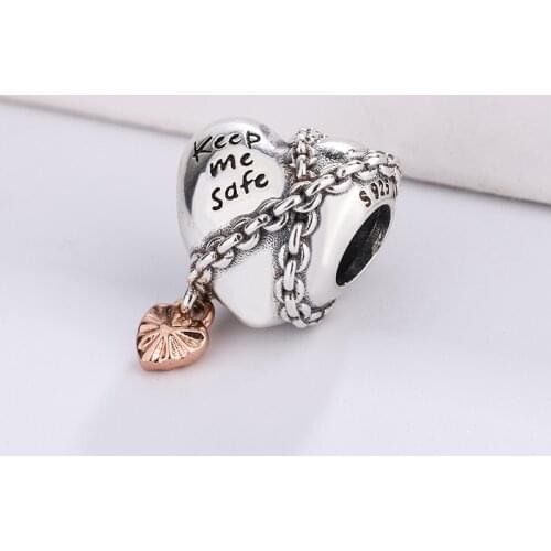3D337 High Quality 925 Sterling Silver Keep Me Safe Heart Charms For Bracelet Jewelry Making Gold Heart Pendant for Pandora