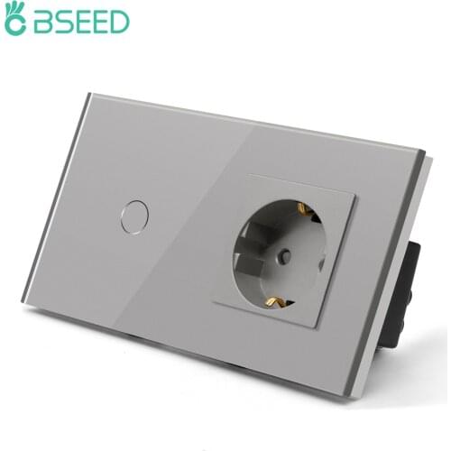 BSEED Touch Light Switch With EU Wall Socket White Black Golden Wall Sensor Switch 1/2/3Gang 1Way Crystal Glass Panel Backlight
