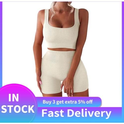 Summer Tracksuits Women Sports Workout Sets 2 Piece Seamless Ribbed Tank High Waist Shorts Yoga Outfits Fitness Sportswear