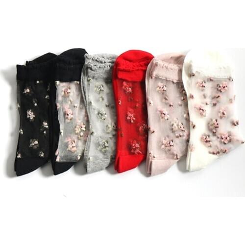 Fashionable Casual Silk Sock For Women Breathable Ultra Thin Rose Flower Pattern Transparent Lace Elastic Short Socks for Summer