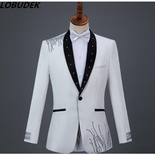 Adult Mens Suits Bling Crystals White Blue Blazers Costume Singer Chorus Stage Outfit Prom Wedding Suit Master Show Costumes