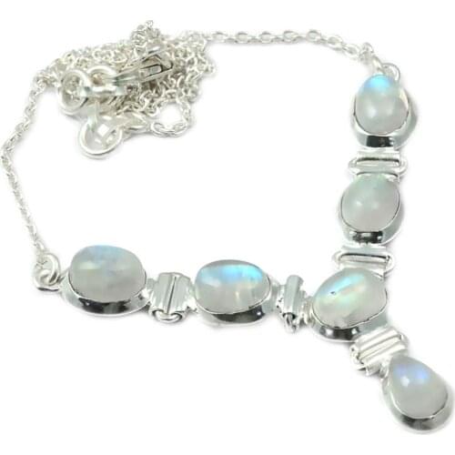 NiaoZaiFei YunZaiKan Blue Fire Moonstone Necklace 925 Sterling Silver, 47 cm, MHBNE0110