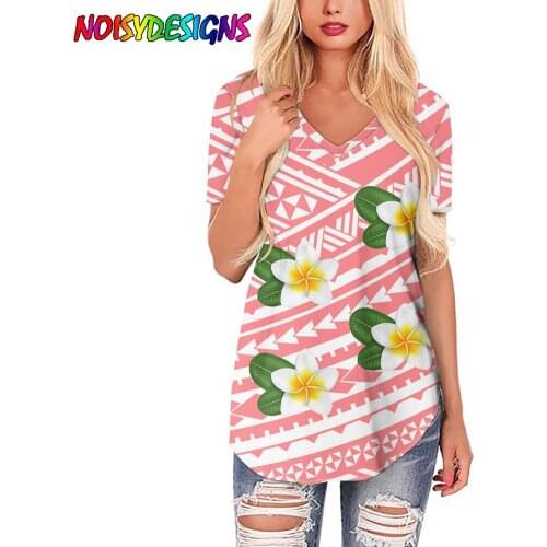 NOISYDESIGNS Pink T-Shirts Plus Size Women Short Sleeve Tropical Flower Traditional Tribal Printed V-Neck Mujer T shirts Custom