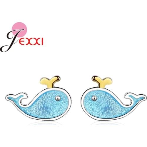 Adorable Small Blue Dolphin Shaped Real 925 Sterling Silver Stud Earrings Brincos Jewelry For Girls Women Birthday Gifts
