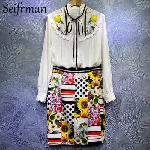 Seifrmann Women Summer Fashion Designer Skirts Set Lantern Sleeve Lace Loose Blouses+High Waist Bodycon Skirt 2 Two Pieces Suit