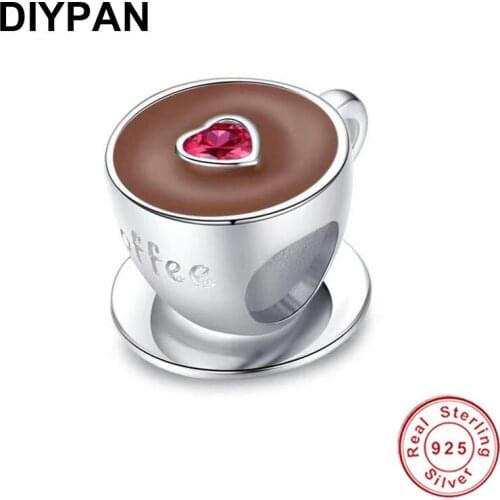 Fit Pandora Original Bracelet Charm Pendant 925 Silver Coffee Cup Charm With Red Heart Zircon Beads DIY Jewelry Berloque