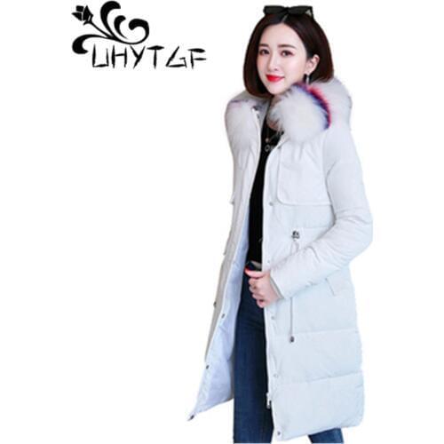 UHYTGF Plus size Parka Long Coat Women Down cotton jacket winter jacket women Parka Hooded Ladies Coat Warm Parkas oversize 655
