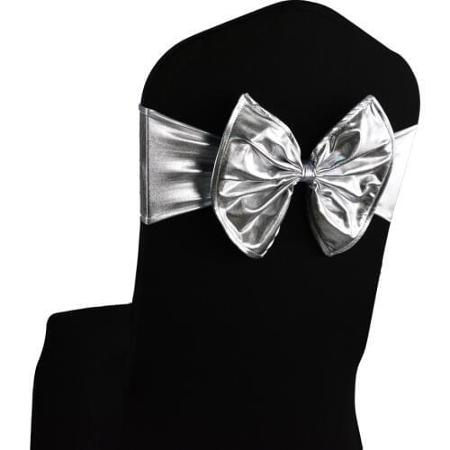 20pcs/lot Wedding Party Decoration Silver Chair Bow Knot Hotel Banquet Reference Metallic Elastic Chair Back Decor Sash Band