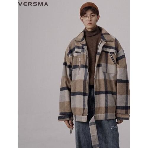 VERSMA Korean Ulzzang Lamb Wool Winter Jacket Coat Men Plaid Retro Thick Warm Cotton Couple Teen Jacket Men Parka Youth Clothes