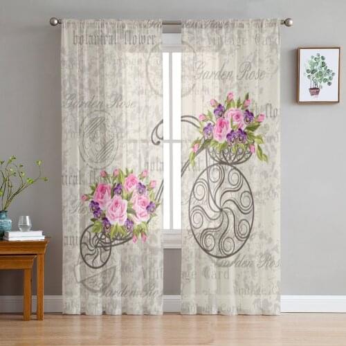 Vintage Card Bicycle Pink Flowers Sheer Curtains for Living Room Bedroom Tulle Curtains Kitchen Window Treatments Panel Drapes