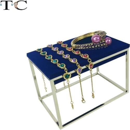 Stainless Steel Silver Jewelry Shop Window Display Shelf Jewelry Counter Display Cabinet Blue Velvet Bracelet Ring Display