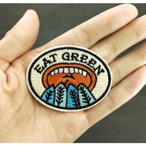 Eat Green (Size:6.1x4.8cm) Earth Plant Environment Protection Warning Sticker Iron on Patches for Cap Jacket Bag Clothes DIY