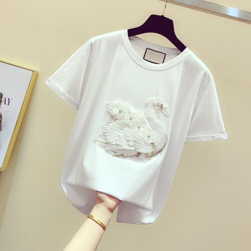 White T-Shirt Short-Sleeved Womens Spring Summer New Korean Swan Shirts Loose Round-collar Pullover Tops
