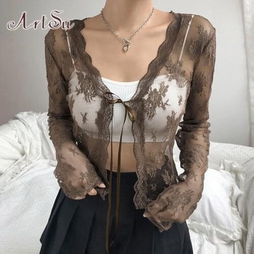 ArtSu Lace Top Long Sleeve Shirt Y2K Clothes V Neck See Through Mesh Graphic Tshirt Tees Sexy Outfits White Brown T-Shirt Femme