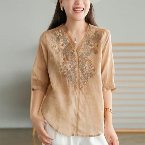 QPFJQD Ladies Embroidered Linen T-shirt V-Neck Half Sleeve Womens Summer Autumn Comfort Soft Simple Loose Casual Tees