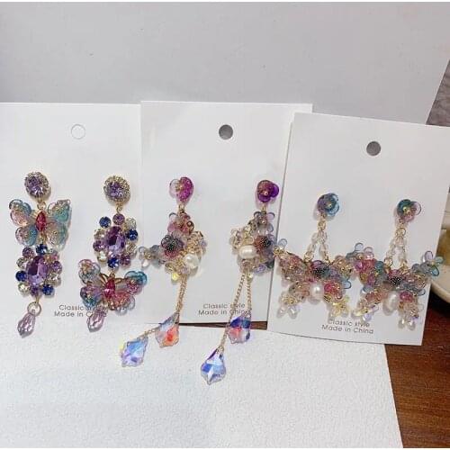 Fashion Korean Colorful Butterfly Long Tassel Drop Earrings For Women Waterdrop Crystal Holiday Pendientes Jewelry