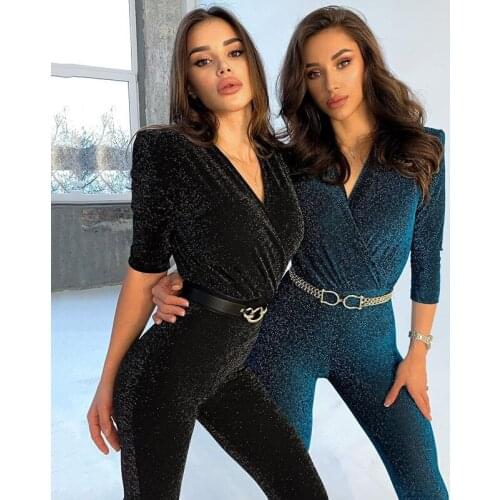 2021 New Arrival Women Summer Black Pink Grey Silver V neck Short Sleeve Bright Silk Jumpsuits For Women Dropship Wholesale