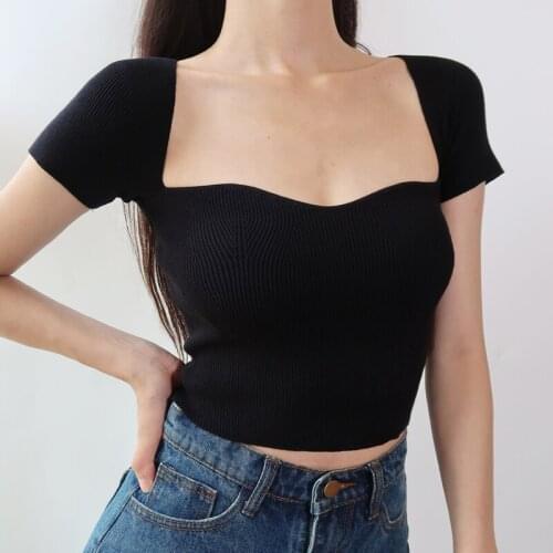 2021 Summer Fashion French Slim Sexy Square Collar Top Womens High Waist Short Sleeve Bottoming Knitting Shirt Tops Blouse ASW8