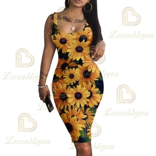 Vestidos Mujer Verano 2021 Plump Womens Floral Print Sunflower Sleeveless Dress Slim Vest Sexy Party Robe Longue Pencil Dresses