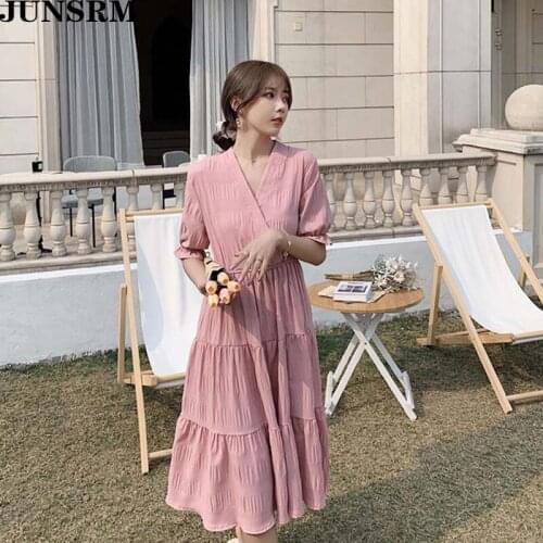 2020 Summer New Plus Size Summer Dress Women Puff Sleeve Boho Party Chiffon Midi Dress Vintage Elastic Waist Pleated Dresses