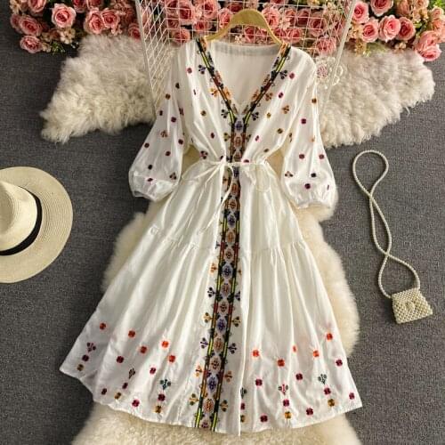 Spring Long Sleeve A-Line Dresses Women Elegant Party Luxury Embroidery Runway Boho High Waist Autumn Vintage Lace Dress 2021