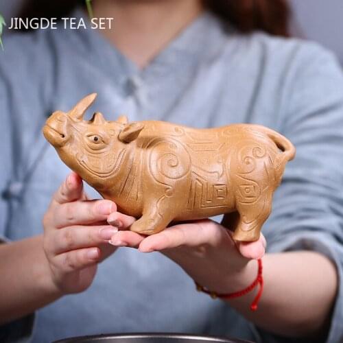 1PCS Chinese Yixing Purple Clay Tea Pet Lucky Rhino Ornaments Handmade Animal Statue Crafts Boutique Tea Set Decoration Gifts