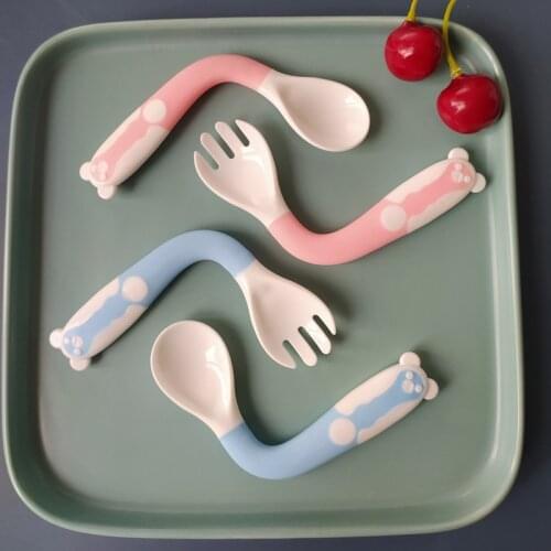 2 Pcs/Set Cute Cartoon Food Grade PP Baby Spoon Tableware Bendable Baby Utensil Spoon Fork Feeding Dishware Set