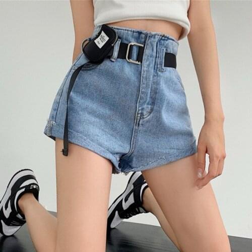 2021 Summer Jeans Shorts Women With Belt Blue High Waist Zip Up Curl Sexy Denim Shorts Cotton Pockets Female Hot Shorts P024