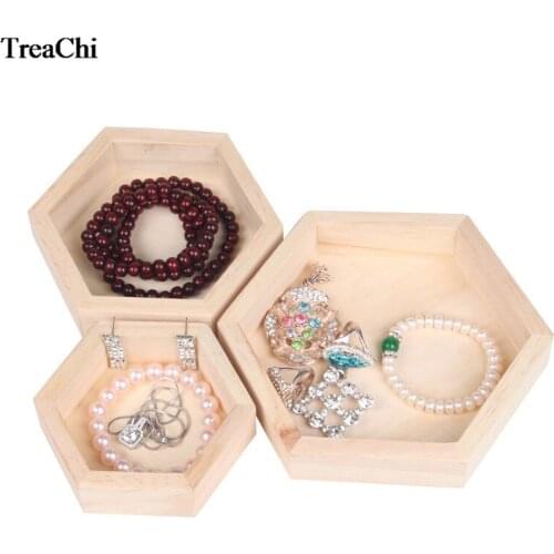 3pcs/1pc Wood Jewelry Storage Boxes Bracelet Necklace Display Tray Plate Hexagon Wooden Cases Organizer Dishes Tray
