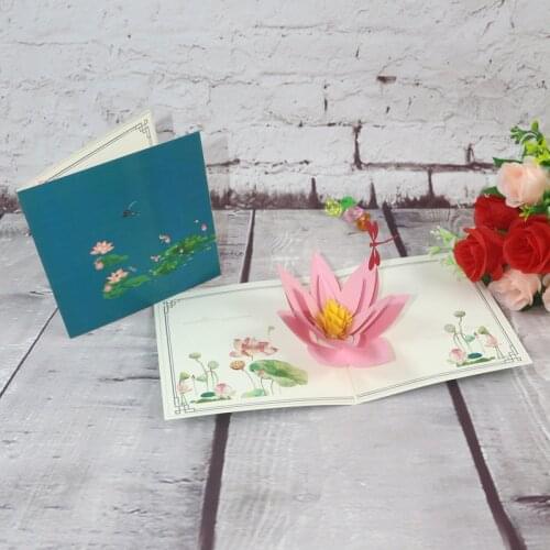 3D Handmade Dragonfly Pink Blooming Lotus Flower Paper Greeting Cards PostCard Thanksgiving Mothers Day Birthday Creative Gift