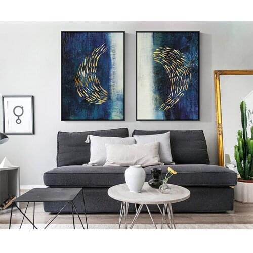 Abstract Gold Fish Chinese Canvas Painting Big Blue Poster Print Luxurious Wall Art For Living room Aisle Gold tableaux Picture